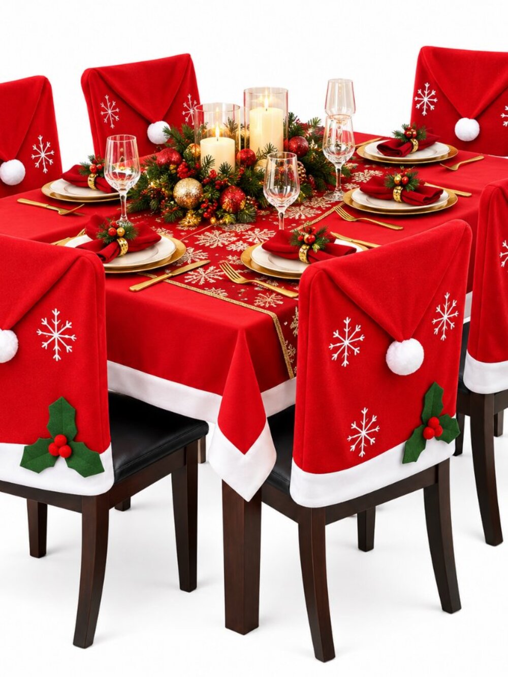 Christmas Dining Decor Set 7PC Tablecloth + 6 Santa Chair Back Covers